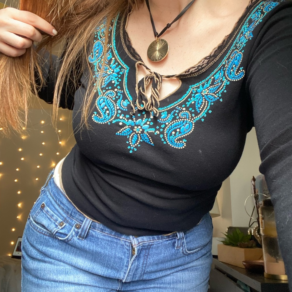 Fang black long sleeve shirt with turquoise beaded detailing and flare sleeves
